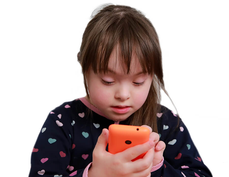 downs syndrome child with orange iphone